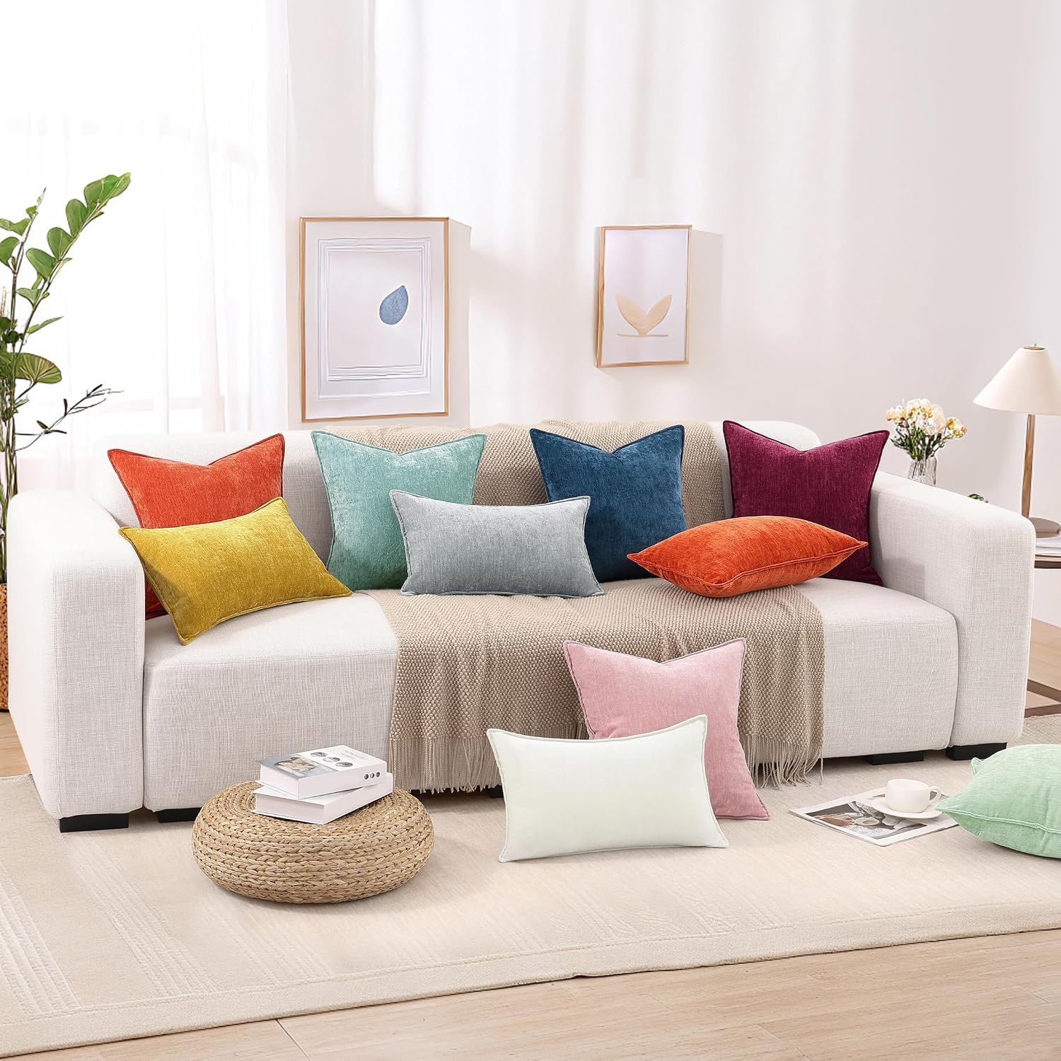 decorUhome Summer Couch Euro Sham Throw Pillow Covers 22x22 Set of 2, Decorative Soft Velvet Modern Cozy Chenille Pillow Cases with Elegant…