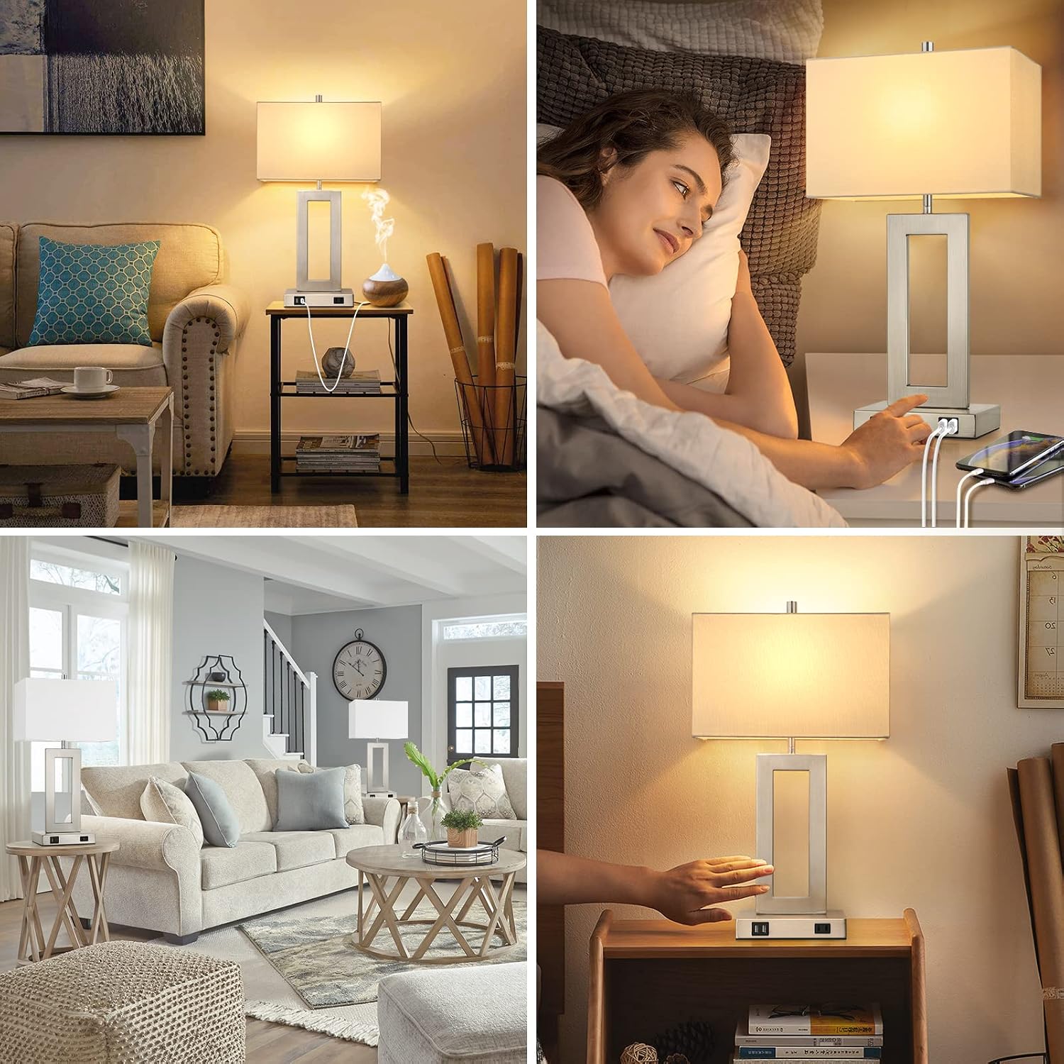 Tobusa 22'' Tall Table Lamps for Bedroom Set of 2, Silver Bedside Touch Control Lamp with 2 USB Ports&AC Outlet, Modern Living Room Table L…