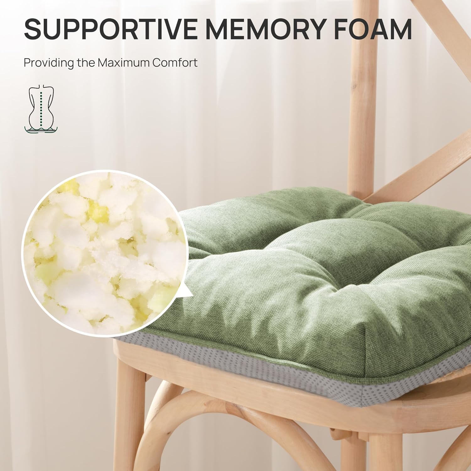 Love's cabin Memory Foam Chair Cushions Set of 4, 19"x19"x3.5" Indoor & Outdoor Seat Pads for Dining, Kitchen, Office, Patio Chairs - Green