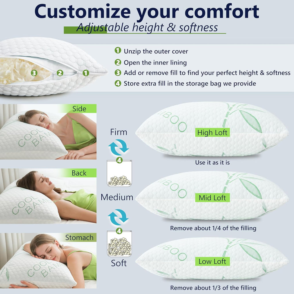 DGPEAR Shredded Memory Foam Pillow, Cooling Pillow Queen Size 1 Pack Adjustable Firm Bamboo Bed Pillow for Hot, Side, Back and Stoma…