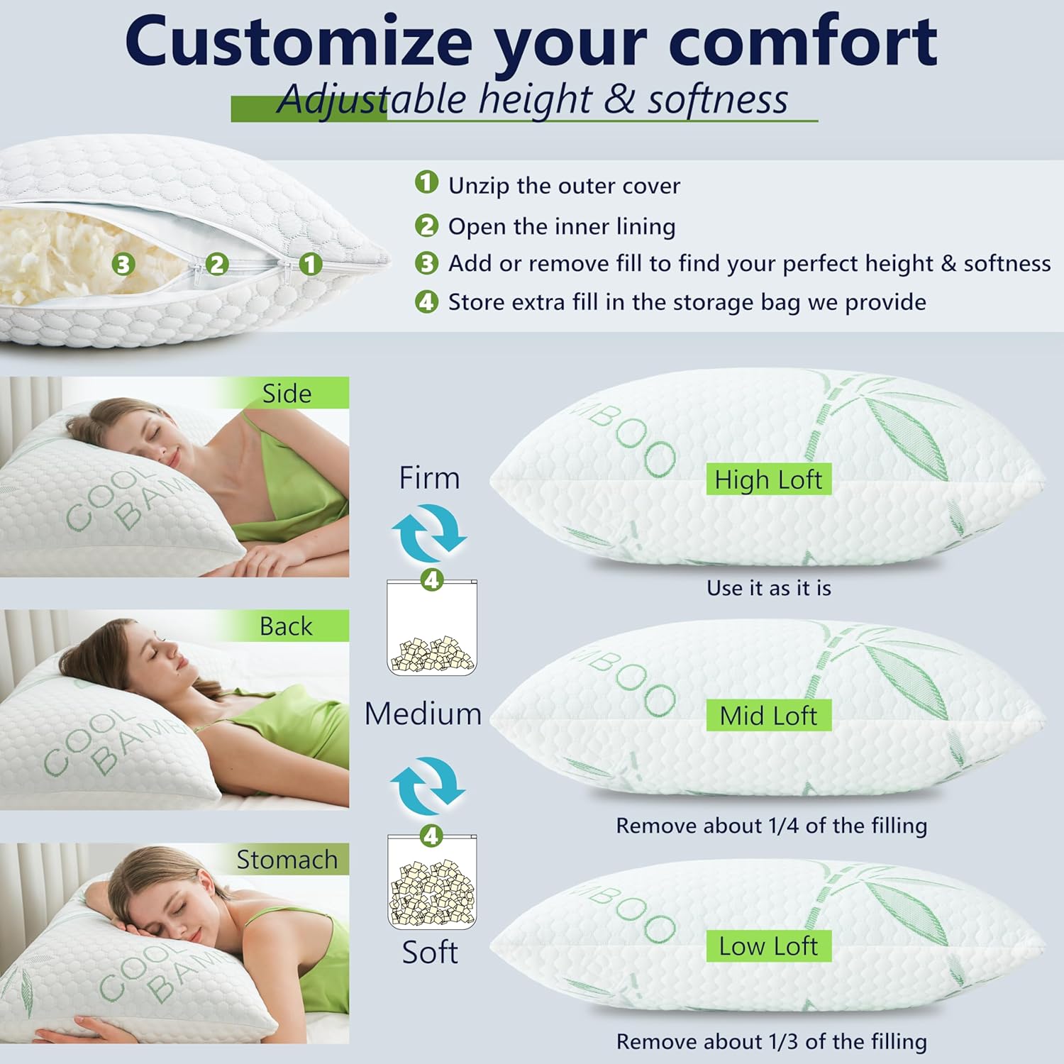 DGPEAR Shredded Memory Foam Pillows, Cooling Pillows Queen Size Set of 2 Adjustable Firm Bamboo Bed Pillows for Hot, Side, Back and…
