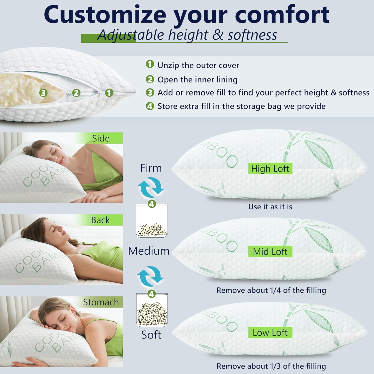 DGPEAR Shredded Memory Foam Pillows, Cooling Pillows King Size Set of 2 Adjustable Firm Bamboo Bed Pillows for Hot, Side, Back and S…