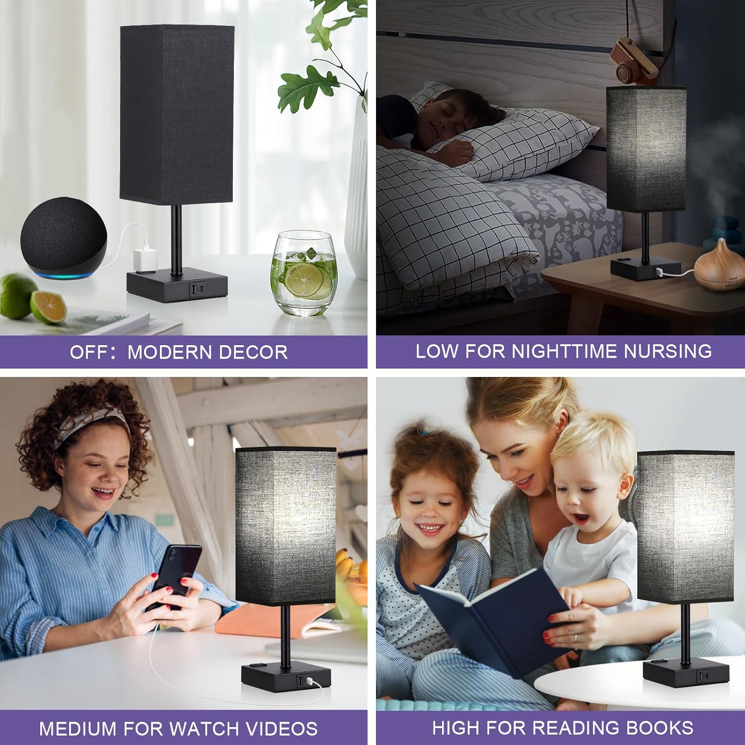 aooshine Black Lamp for Bedroom-Touch Lamp with USB-C+A and AC Outlets,3 Way Bedside Nightstand Square Table Lamp for Kids, Guest Room…