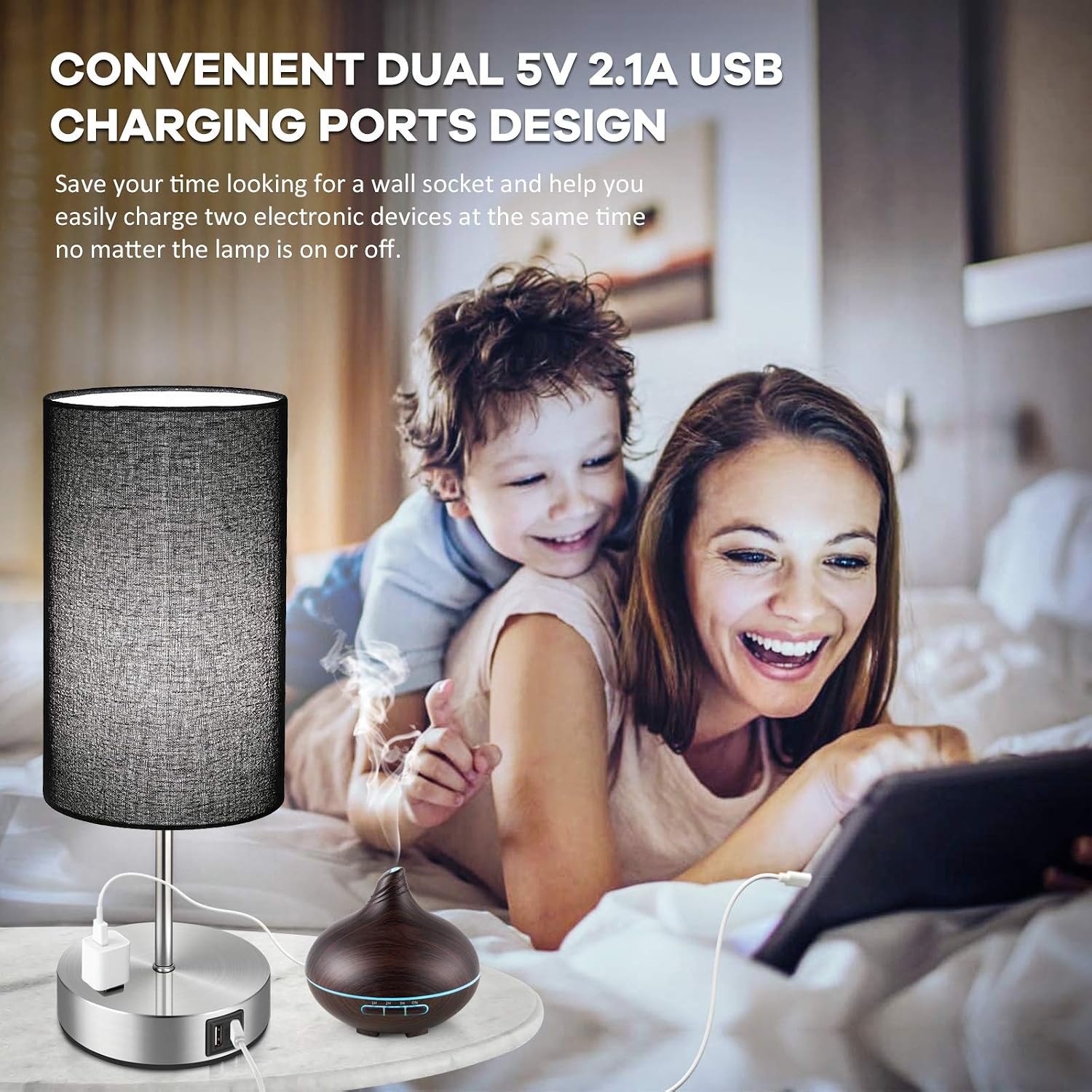 Brightever Black Touch Control Table Lamp Set of 2, with 2 USB Charging Ports&AC Outlet, 3-Way Dimmable Bedside Nightstand Lamps with Fabri…
