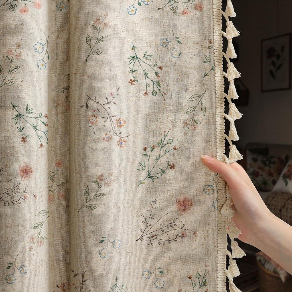 XOGUIBO Boho Floral 100% Blackout Curtains for Bedroom 84 Inch Length 2 Panels Set, Linen Texture Farmhouse Curtains Beige Tassel fo…