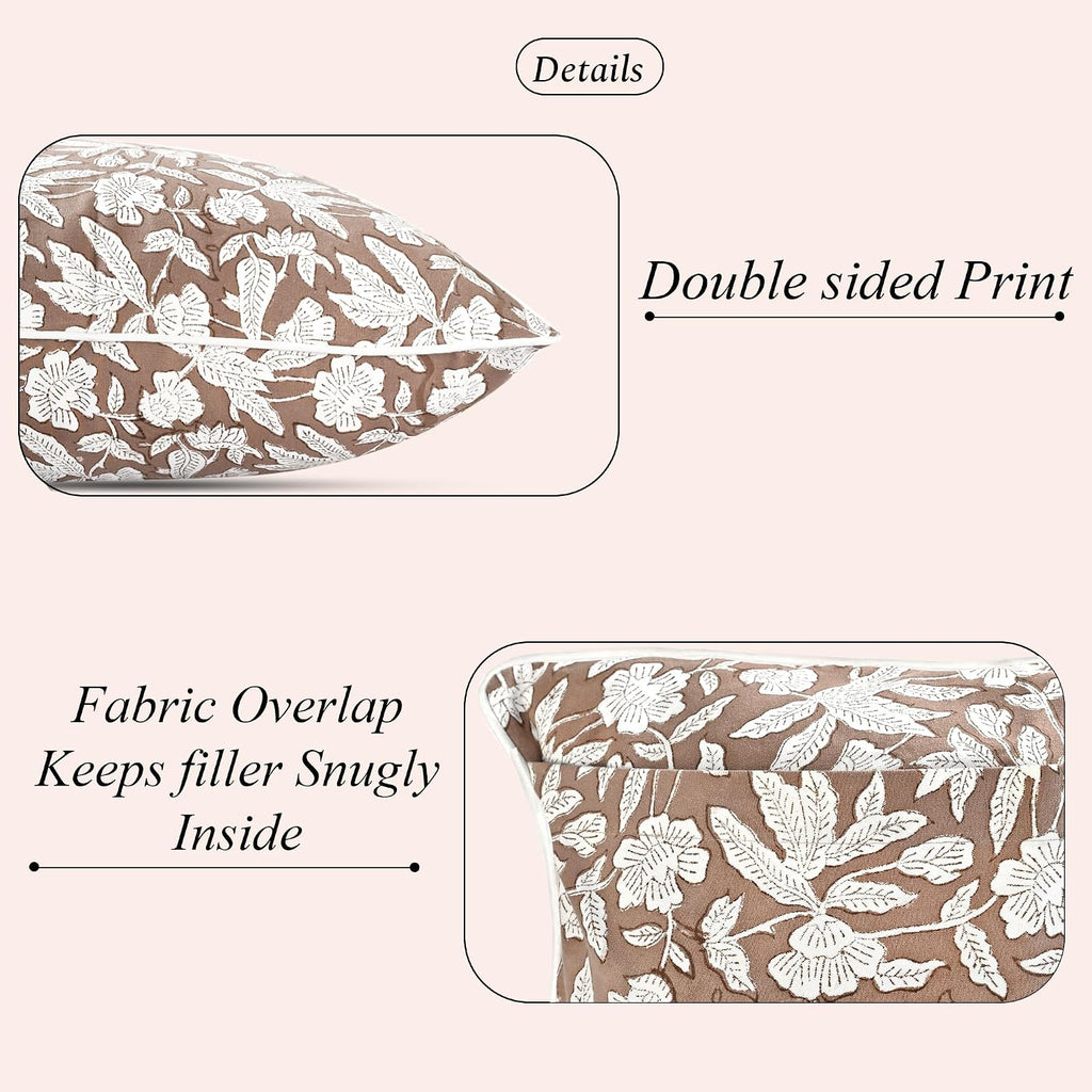 Ridhi Block Print Oak Brown Pillow Cover 20" x 20" (Pack of 2) Decorative Couch Pillows for Living Room, Farmhouse Chic Boho Cute Outdoor P…