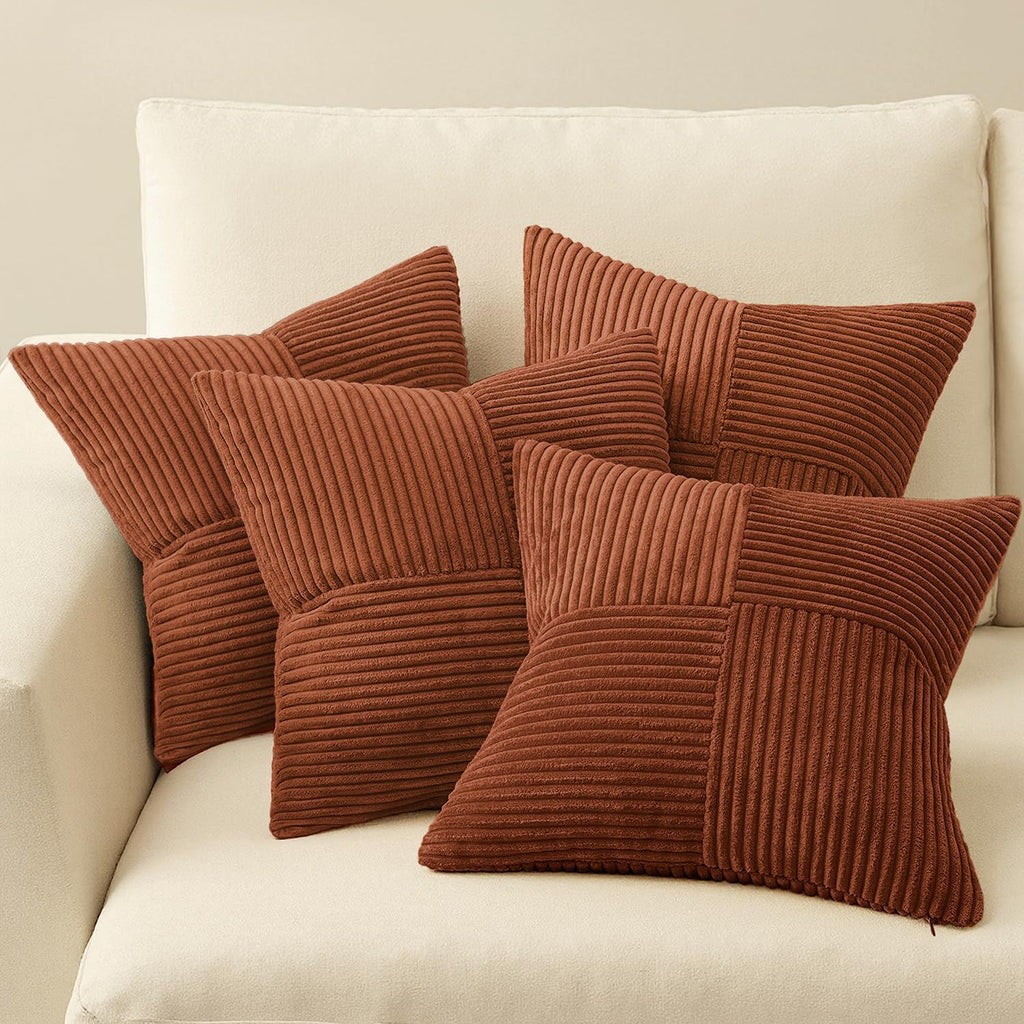 Miulee Boho Farmhouse Rust Decorative Throw Pillow Covers 18x18 Inch 4 Packs Soft Vintage Pillow Cases Modern Corduroy Patchwork Cushion Co…