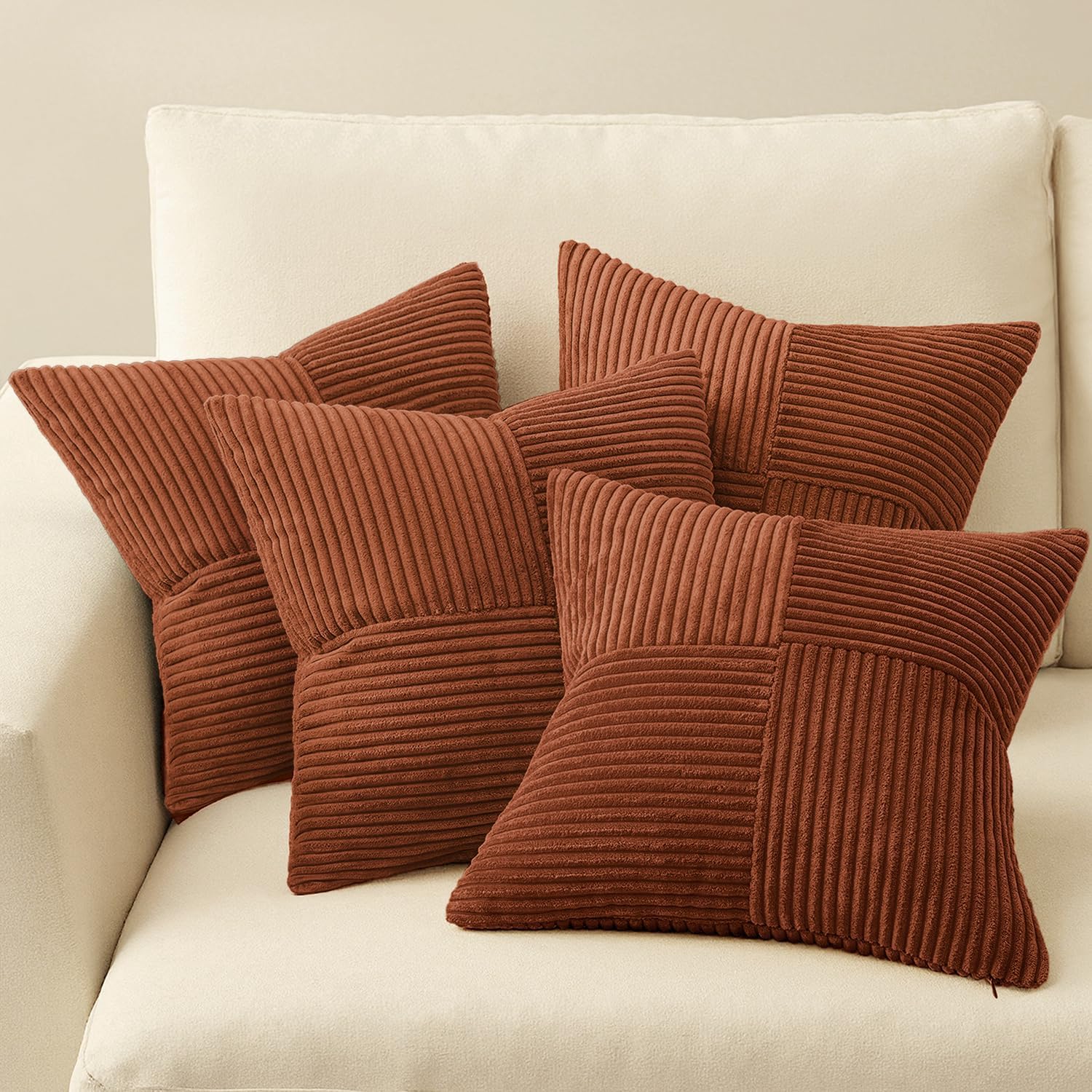 Miulee Boho Farmhouse Rust Decorative Throw Pillow Covers 18x18 Inch 4 Packs Soft Vintage Pillow Cases Modern Corduroy Patchwork Cushion Co…