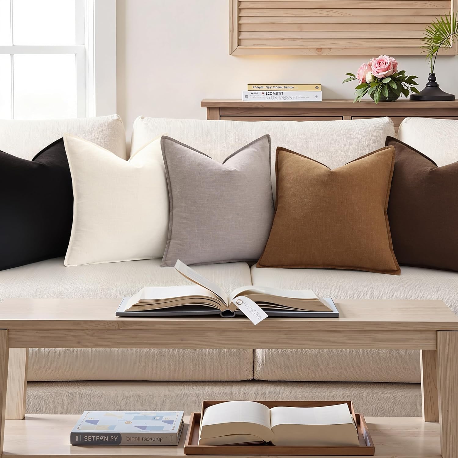 decorUhome Summer Decorative Linen Euro Sham Throw Pillow Covers 22x22 Inch Set of 2 Black Pillow Covers with Flange Edges Soft Farmhouse B…