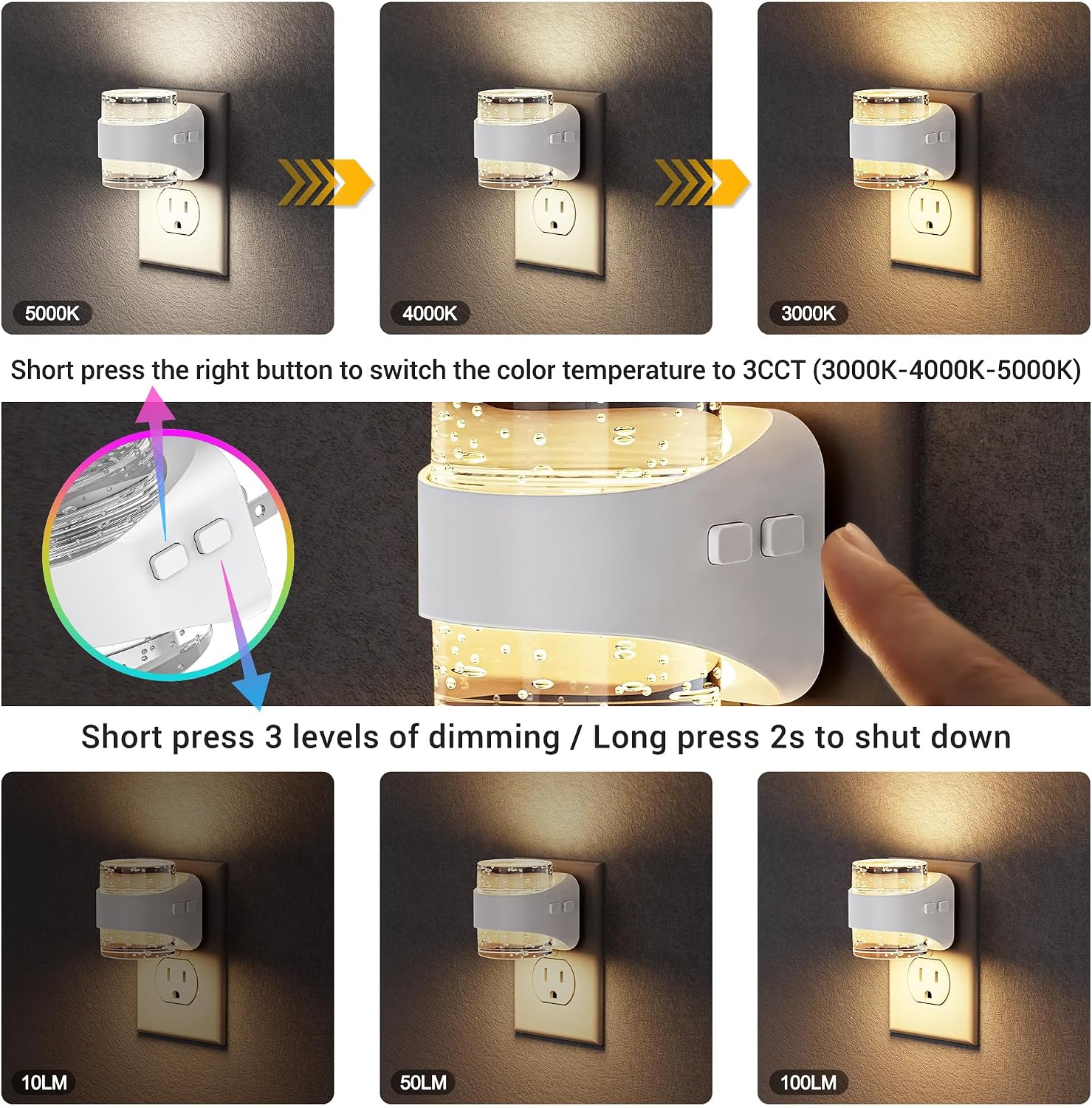 JandCase LED Night Light, Bubble Night Lights Plug into Wall, [2 Pack] Night Light 3000K/4000K/5000K & 3 Brightness Levels, Dimmable…