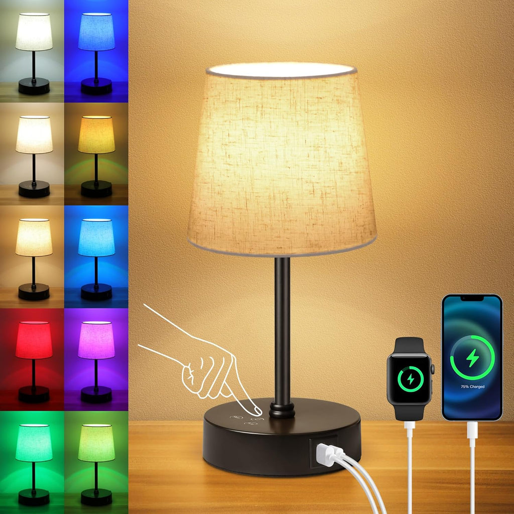 Ascher Small Bedside Table lamp, RGB Color Changing Lamps, 3 Color Temperatures, Dimmable Nightstand Lamp with USB C+A Ports, Touch Desk…