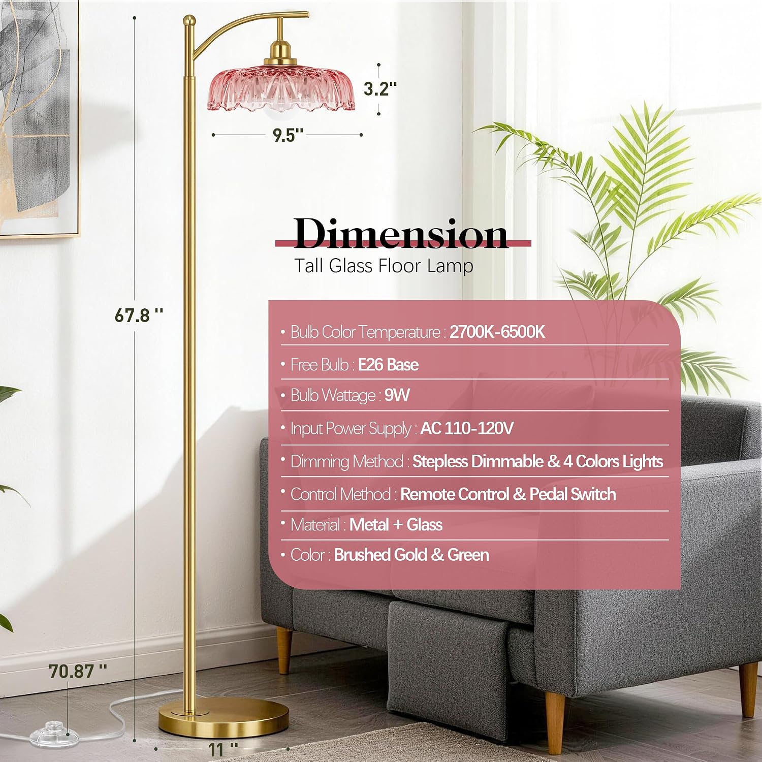 Gold Floor Lamp for Living Room, Dimmable Mid Century Modern Standing Lamp with Remote Control and Pink Glass Shade, 68" Tall Lamp for…