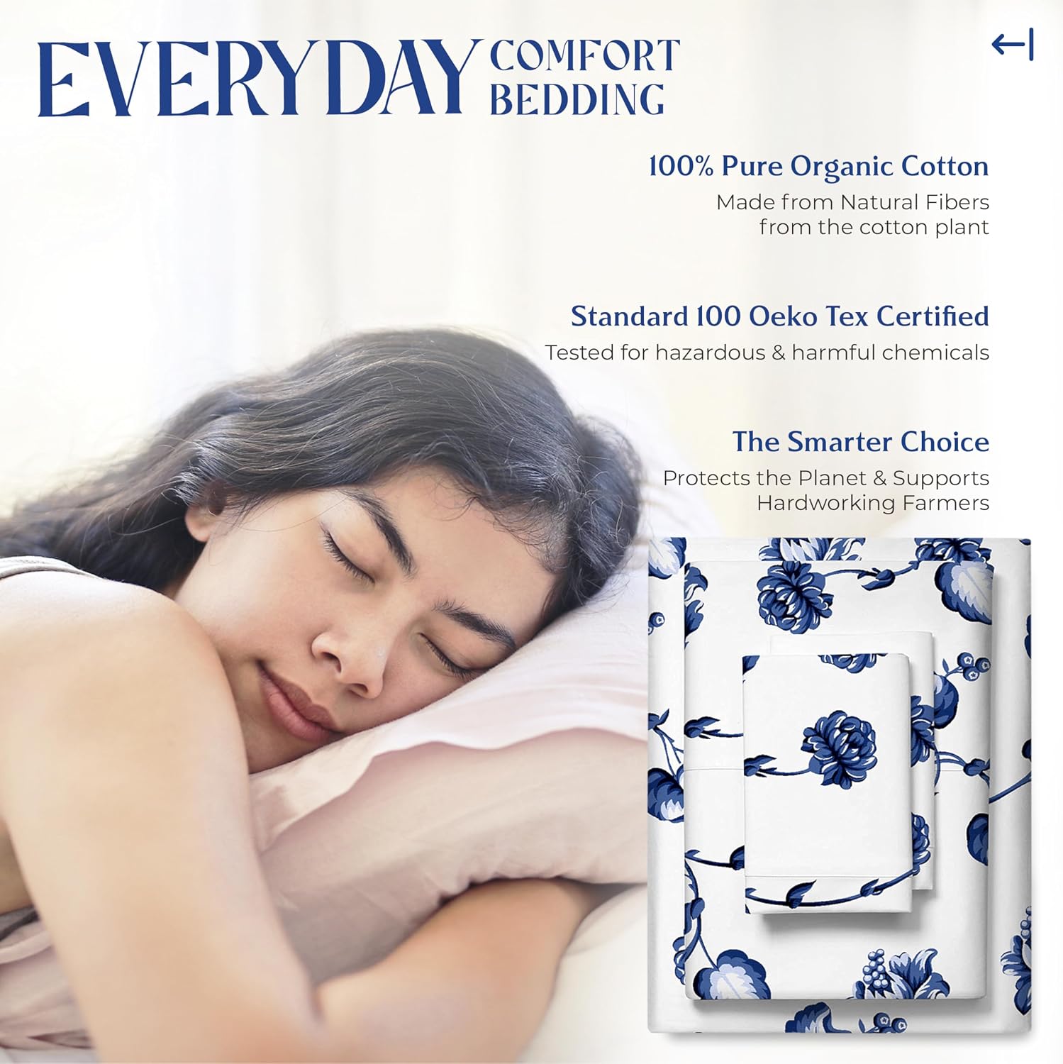Mayfair Linen 100% Organic Cotton Printed Sheets Queen Size - Percale Weave Cotton Queen Size Sheet Set (4 PC, Floral Blue), Soft &…