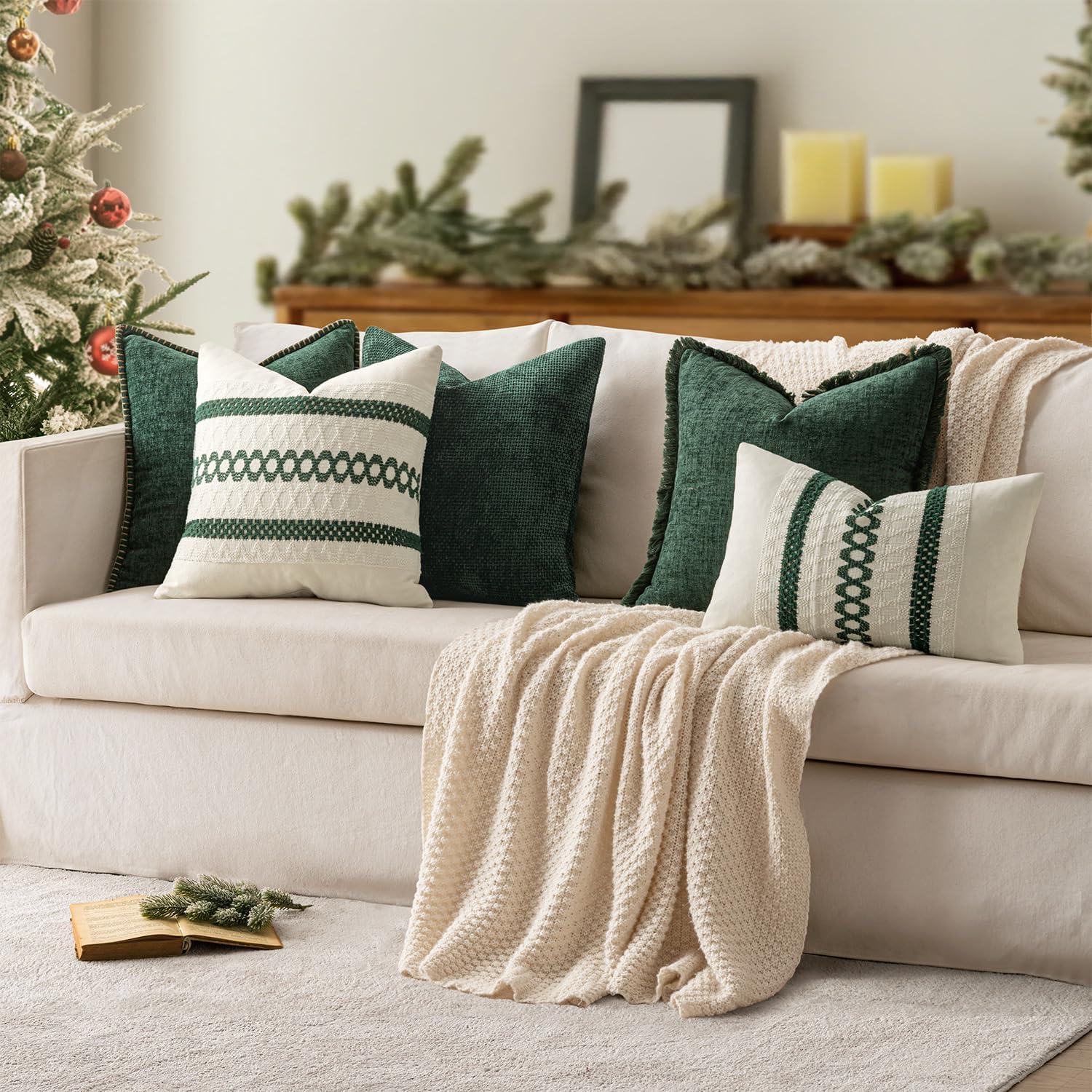 Miulee Pack of 2 Pillow Covers 18x18 Inch Dark Green Farmhouse Decorative Throw Pillow Covers with Stitched Edge Soft Chenille Solid Dyed C…