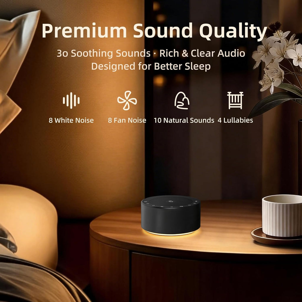 Kipcush White Noise Machine - Soft Non-Glare Nursery Lamp, 30 Soothing Sounds, 8 Color Lights, Max 8-Hour Timer for Baby & Adults (Black…