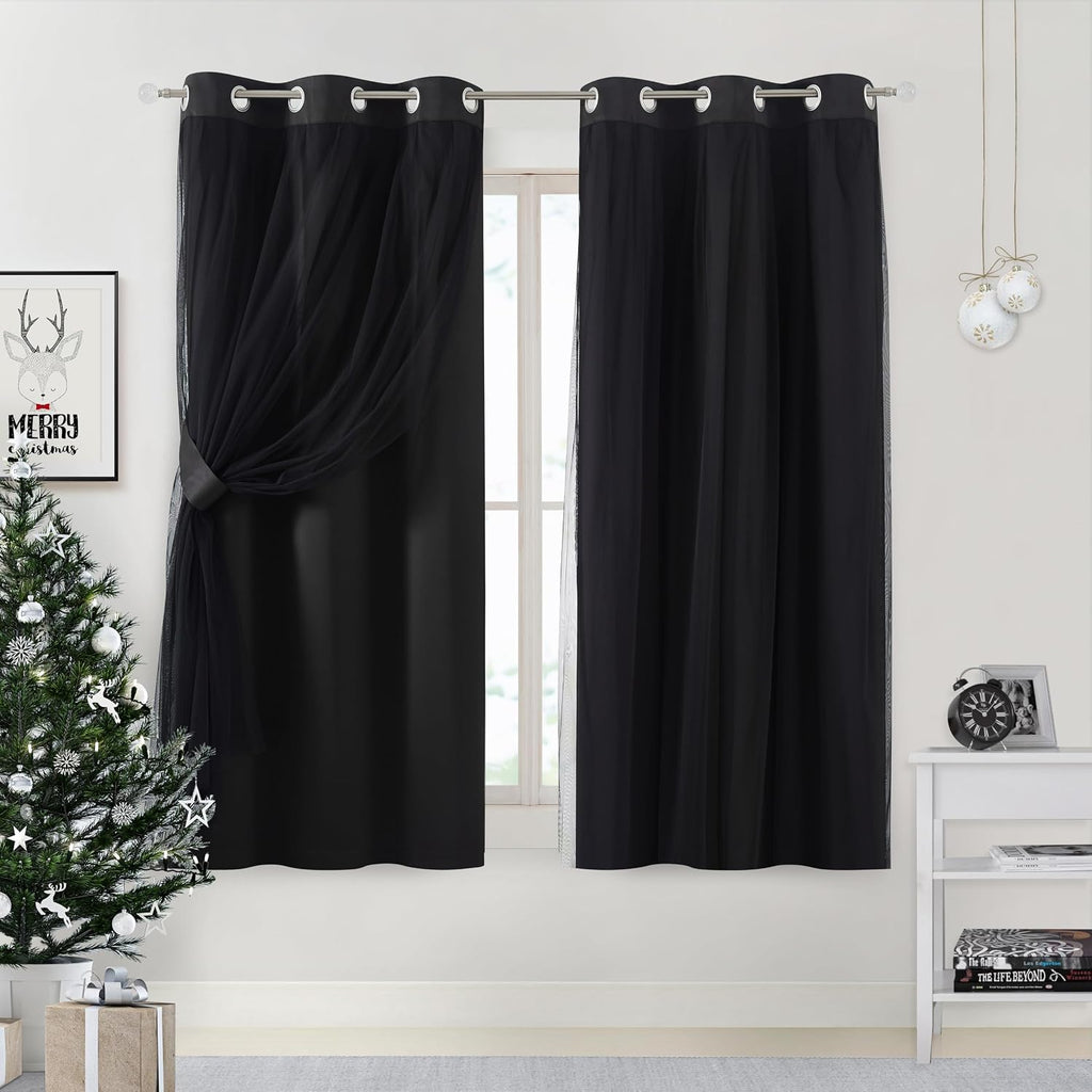 Bujasso Black Blackout Curtain Panels with Sheer Overlay Mix and Match Double Layer Thermal Insulated Window Treatment Set for Bedroom Livi…