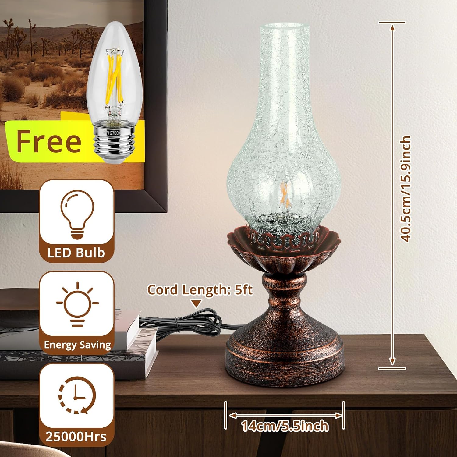 Vintage Table Lamp | Touch Control & 3-Way Dimmable Rustic Retro Farmhouse Bedside Lamp with Clear Glass Shade and LED Bulb for Bedroom…