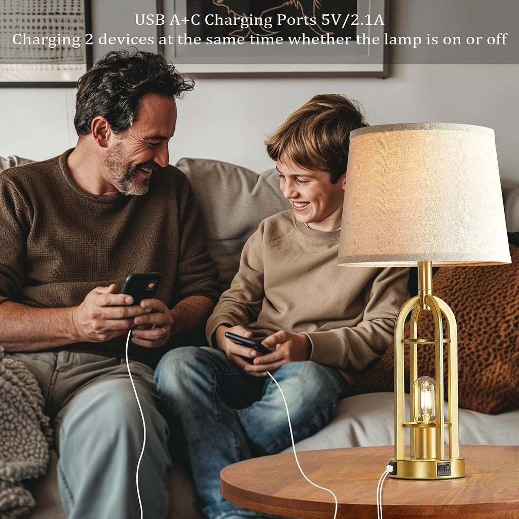 SRJJA Gold Table Lamps for Living Room Set of 2 - Modern Farmhouse Bedside Lamps for Bedroom Night Stands with Nightlight and USB A+C…
