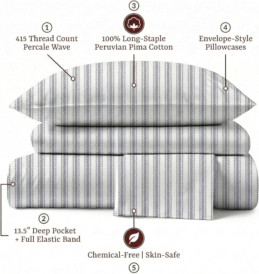 Perupima Peru Pima 415 Thread Count Percal King Sheet Set - 100% Peruvian Pima Cotton, 4 Piece (Flat, Fitted, 2 Pillowcases) - Cooling, Cri…