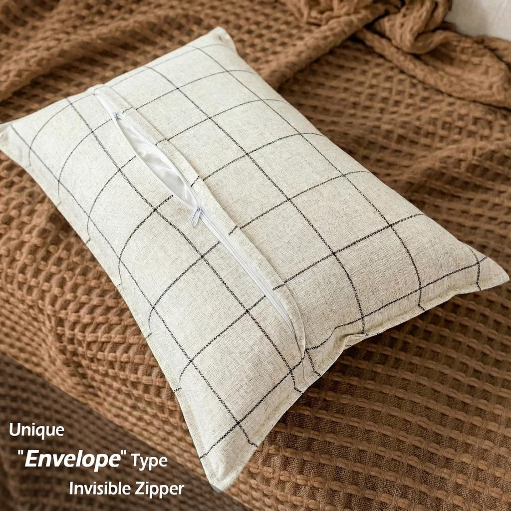 CARRIE HOME Cream White Plaid Boho Lumbar Pillow Covers 12x20 Set of 2, Farmhouse Decor Checkered Decorative Lumbar Pillows for Couch 12…