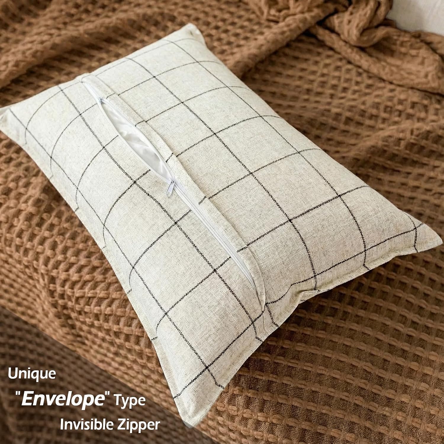 CARRIE HOME Cream White Plaid Boho Lumbar Pillow Covers 12x20 Set of 2, Farmhouse Decor Checkered Decorative Lumbar Pillows for Couch 12…