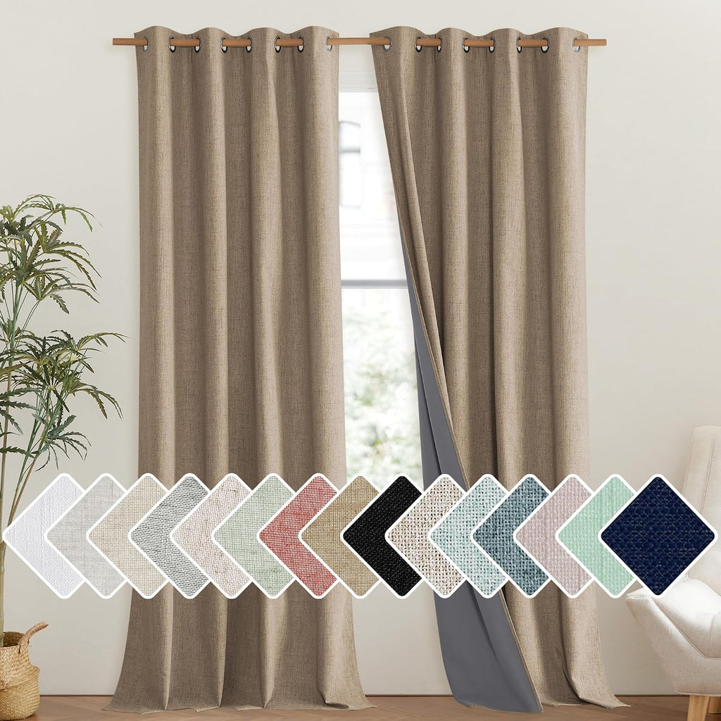 NICETOWN Burlap Vintage Open Linen Weave Flax Thermal Curtains, 100% Blackout Curtains 108" Long for Dining Room, Soundproof Window…
