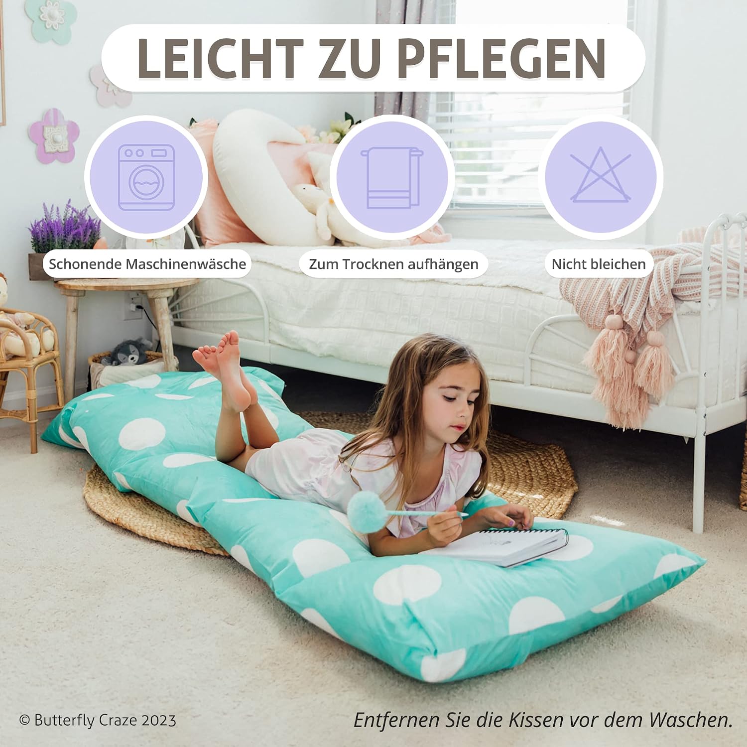 Butterfly Craze Floor Pillow Case, Mattress Bed Lounger Cover, Polka Aqua, Queen Size - Cozy Seating Solution for Kids & Adults, Recliner…