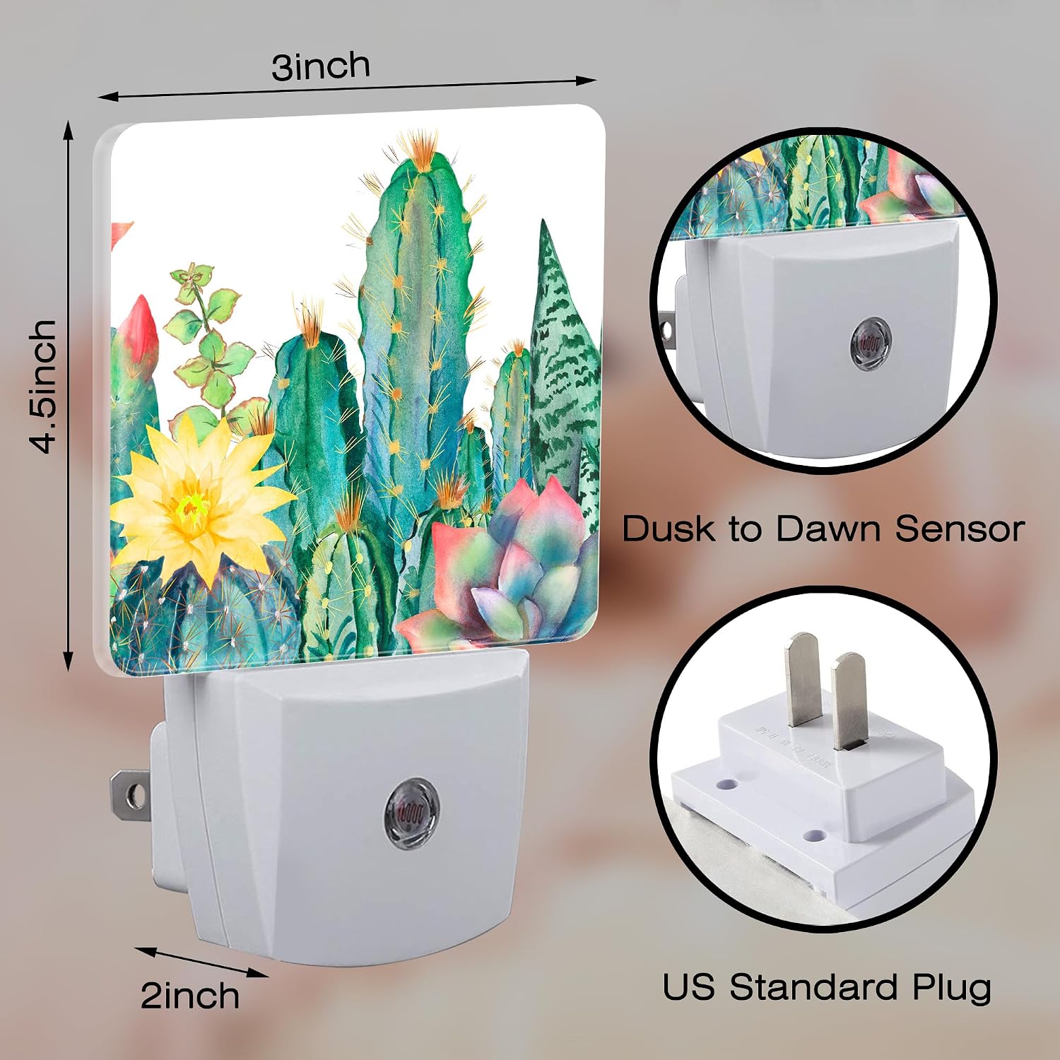 Cactus and Succulents Night Light Plug into Wall, Watercolor Botanical Floral Dusk to Dawn Night Light Plug in,0.5w Energy Saving Sleep…