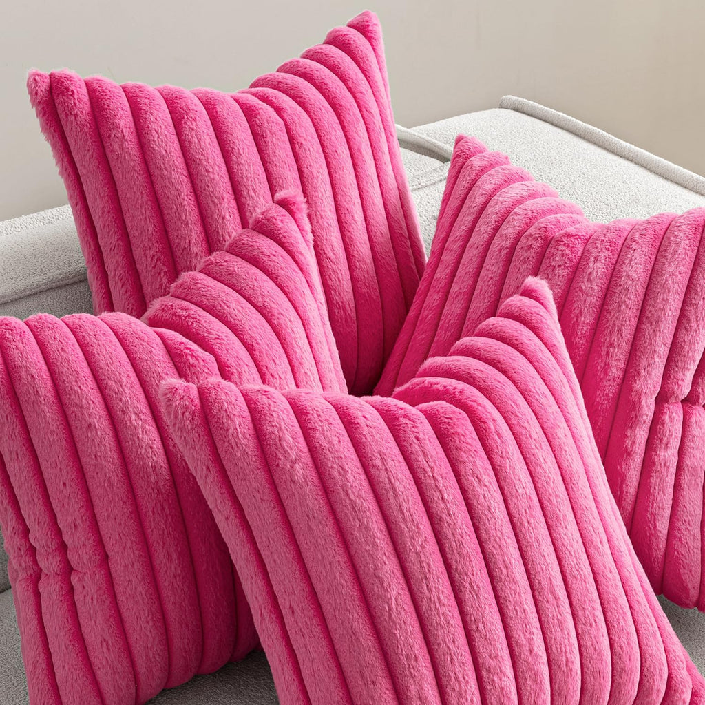 Miulee Faux Fur Plush Decorative Throw Pillow Covers 18x18 Set of 4, Spring Modern Soft Fuzzy Striped Cushion Covers for Sofa Couch Bed Liv…