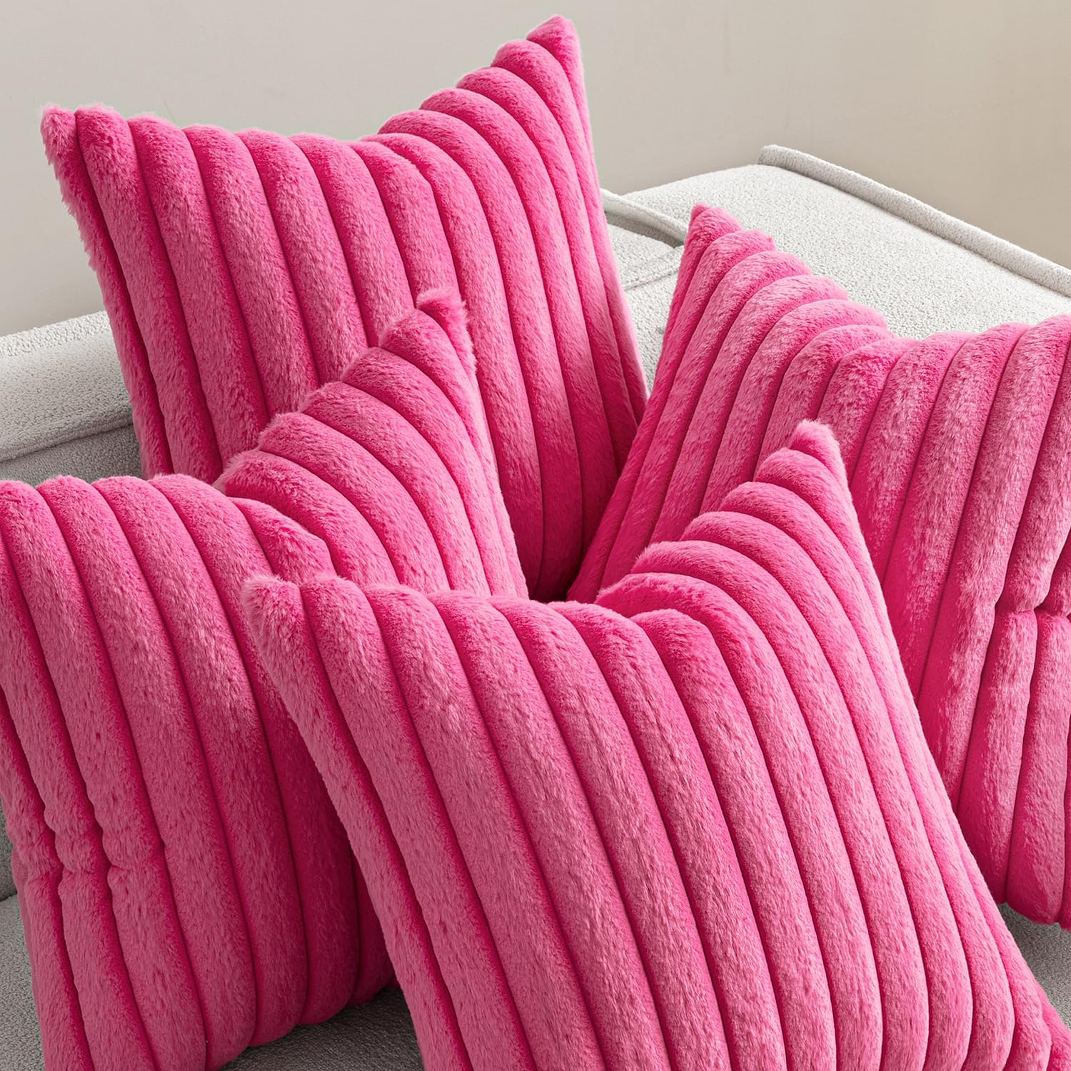 Miulee Faux Fur Plush Decorative Throw Pillow Covers 18x18 Set of 4, Spring Modern Soft Fuzzy Striped Cushion Covers for Sofa Couch Bed Liv…