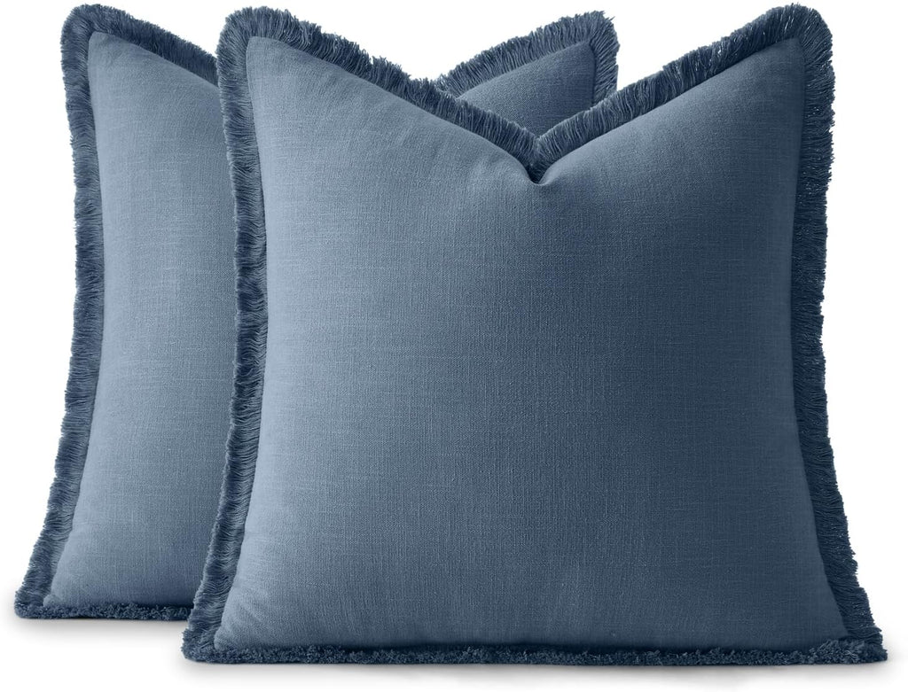 Anroduo Set of 2 Decorative Throw Pillow Covers 24×24 Inch Soft Linen Fringe Farmhouse Boho Vintage Cushion Covers with Tassels Accent Pill…