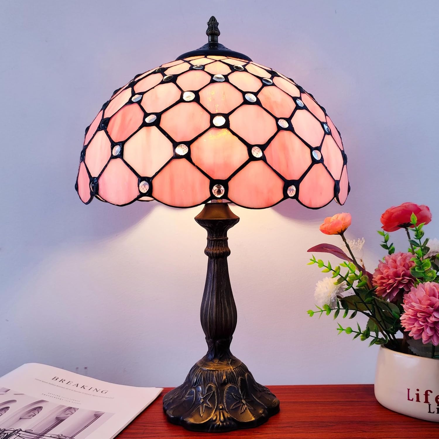 Tiffany Lamp Stained Glass Table Lamp Antique Bedside Desk Reading Light 3-Way Color LED Living Room Nightstand Light 12X12X19 Inches…
