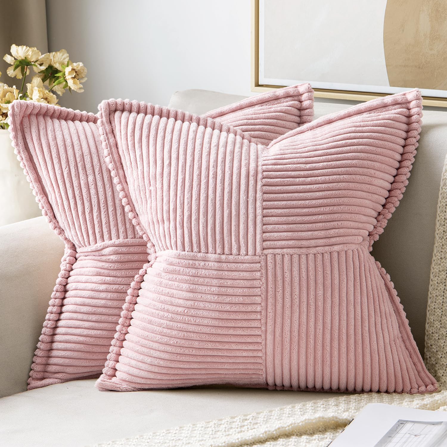 MIULEE Spring Decorative Throw Pillow Covers for Couch Bed Livingroom 18x18 Inch Set of 2 Pink Boho Accent Throw Pllows Broadside Striped…