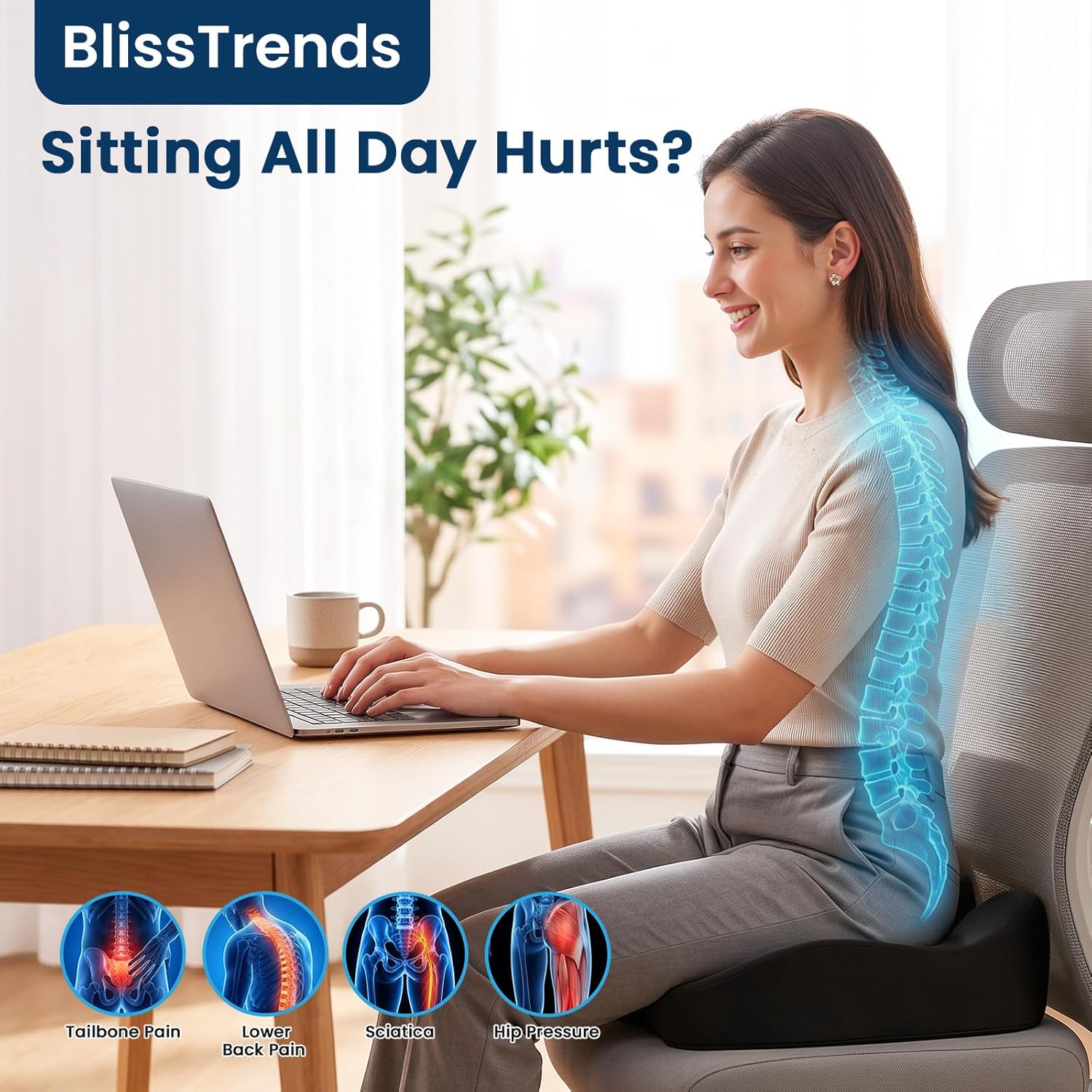 BlissTrends Seat Cushion with Velvet Cover, Thick Memory Foam Cushions for Office Chair, Car Seat, Airplane, Relieving Pressure Tailbone…
