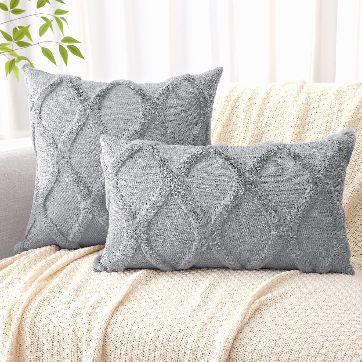 decorUhome Summer Euro Sham Throw Pillow Covers 26x26 Inch Set of 2, Soft Plush Faux Fur Wool Grey Accent Couch Pillow Covers for Modern Fa…
