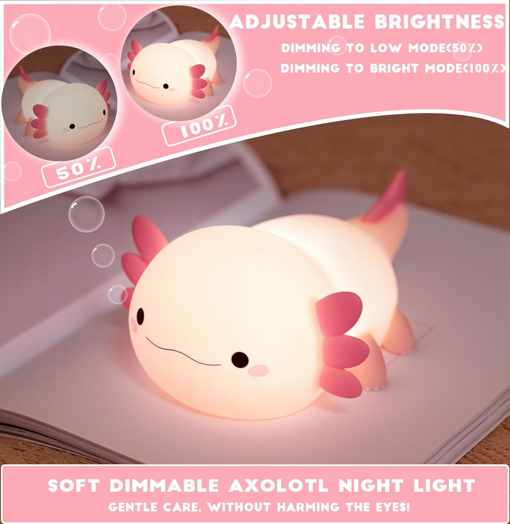 HAPPYBAG Axolotl Night Light, Cute Axolotl lamp Gifts for Kids, Dimmable Silicone Animal Nursery Night Light, Kawaii Rechargeable Bedside…
