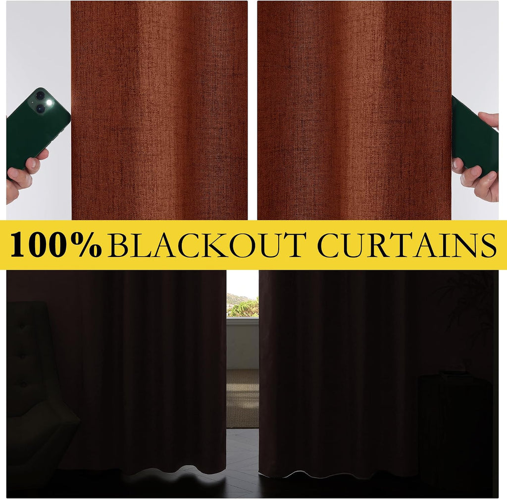 NICETOWN 100% Absolutely Blackout Linen Curtains with Thermal Insulated Liner, 62" Wide, 2 Panels, 120" Long Drapes, Grommet Retro Burnt…