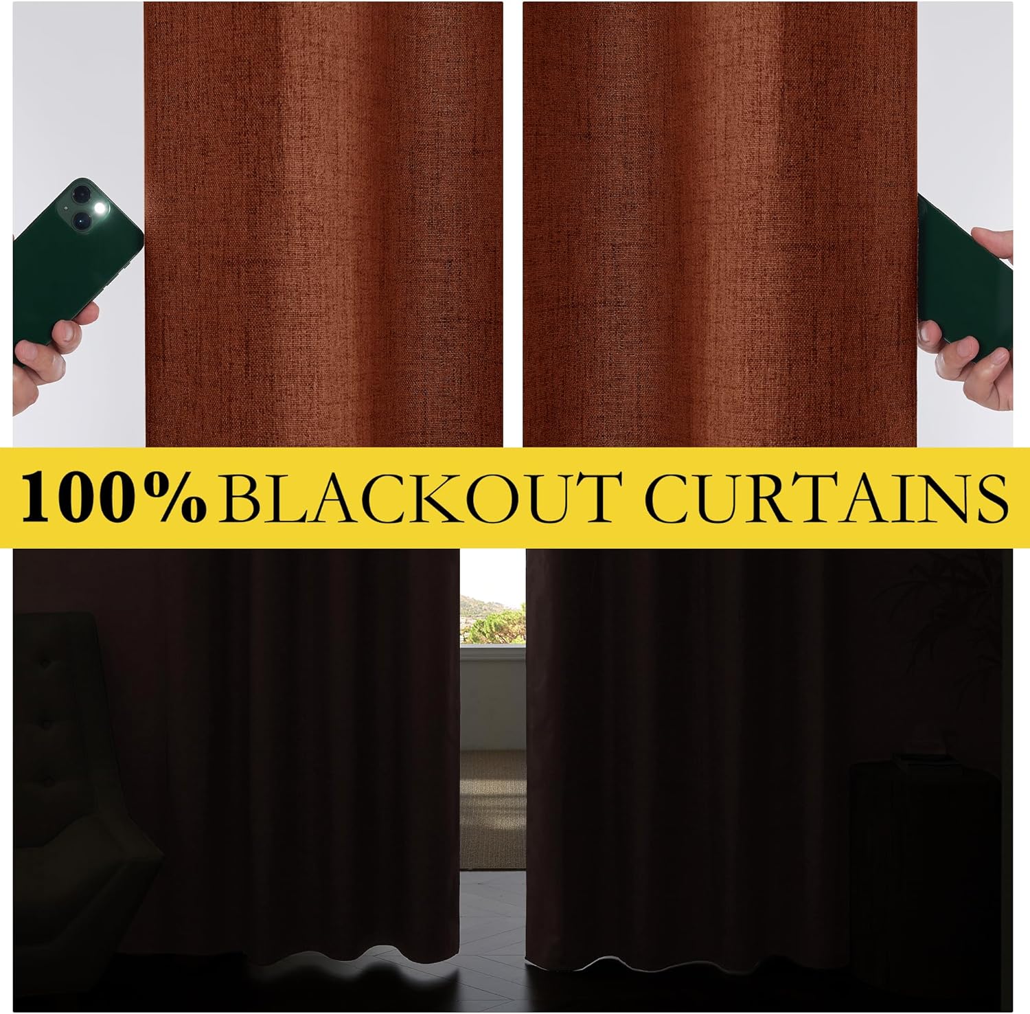 NICETOWN 100% Absolutely Blackout Linen Curtains with Thermal Insulated Liner, 52" Wide, 2 Panels, 120" Long Drapes, Grommet Retro Burnt…