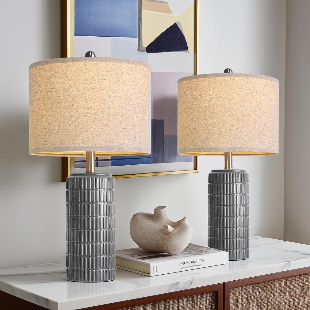 PoKat 23" Ceramic Dark Gray Table Lamps Set of 2 for Living Room, Modern Bedside Lamps for Bedroom, Farmhouse Nightstand Lamp for Home…