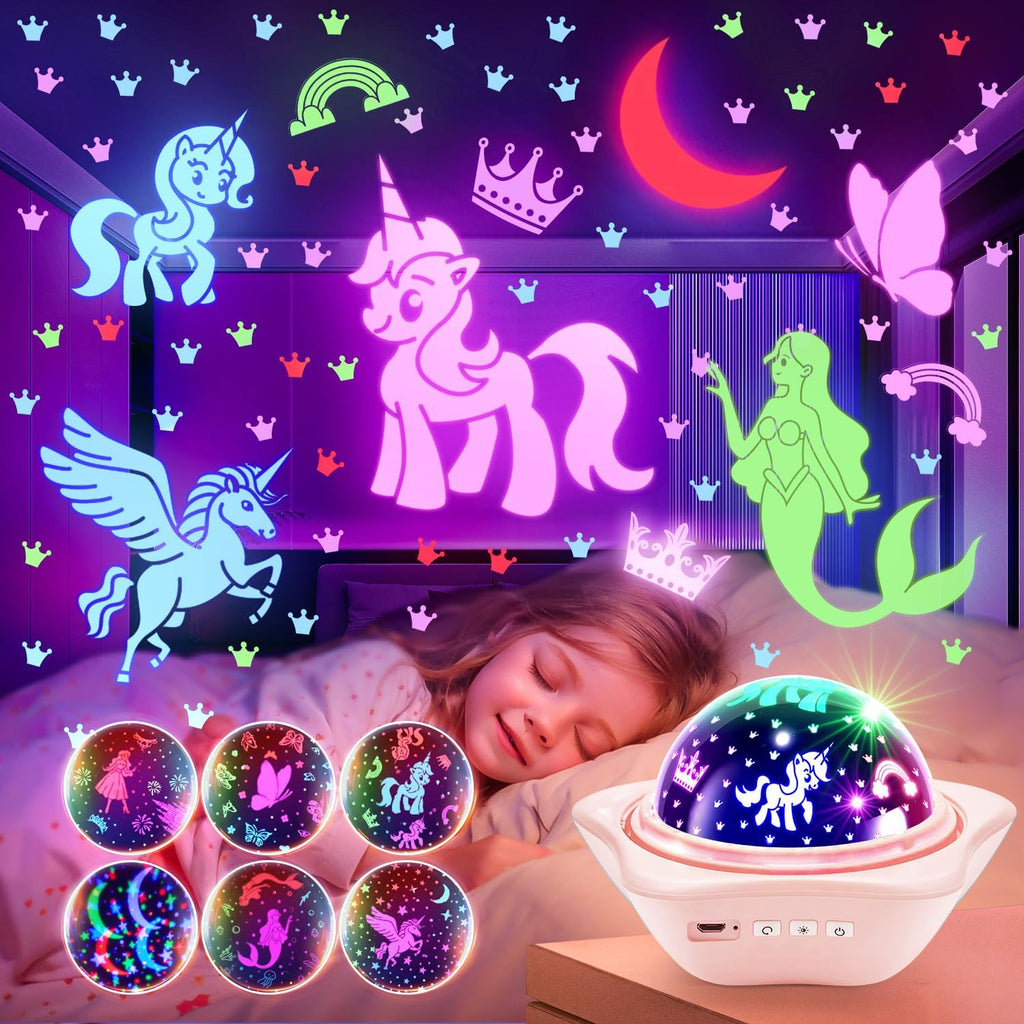 Onefire Girls Toys for Girl Gifts, 6 Films Light Projector Unicorn Toys for Girls Age 4-6, Rechargeable Night Lights for Bedroom, 360°…