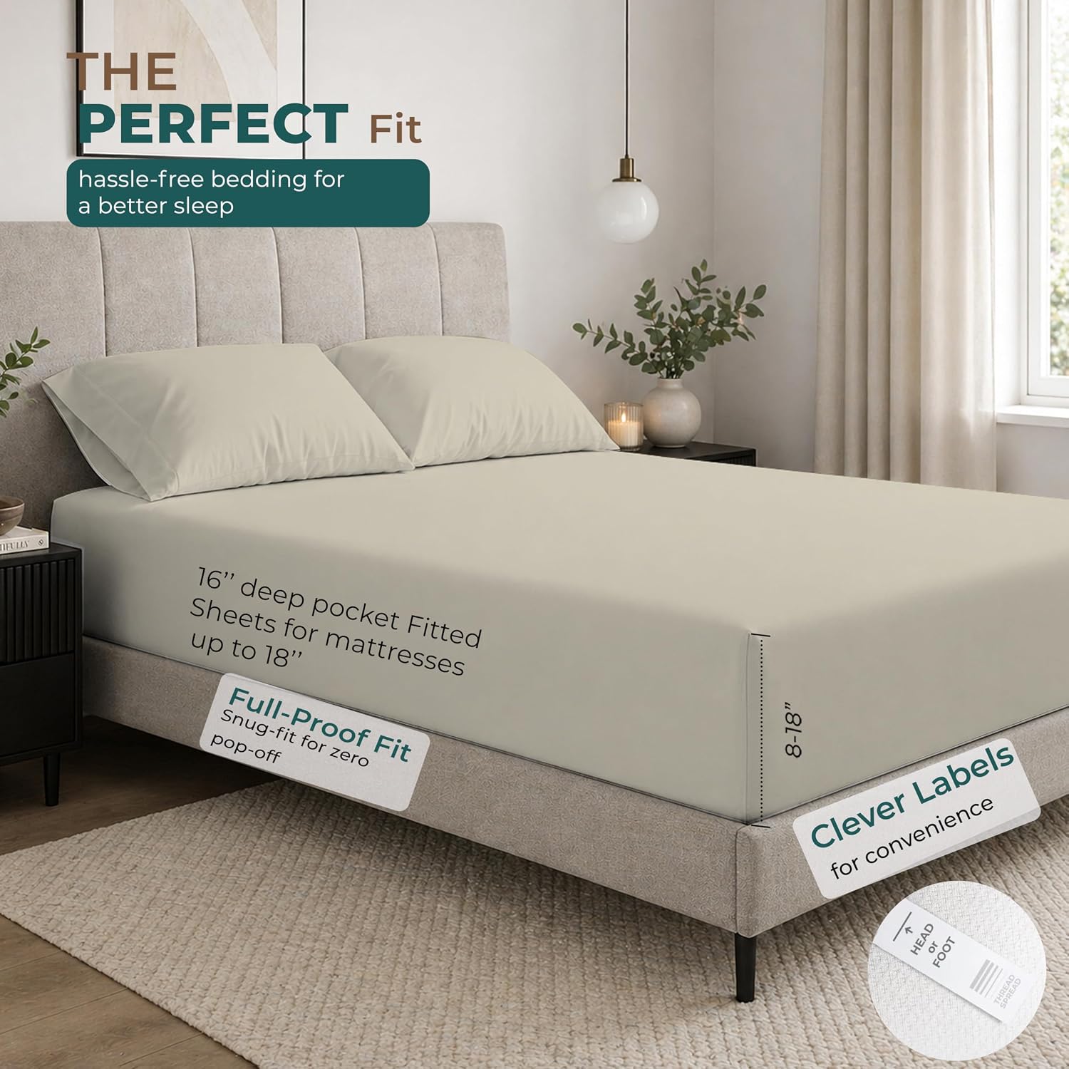 THREAD SPREAD Egyptian Cotton Twin XL Sheet Set – 300 Series 16" Deep Pocket Extra Long Twin Sheets for Dorm Room (4 PC, Ivory), Soft…