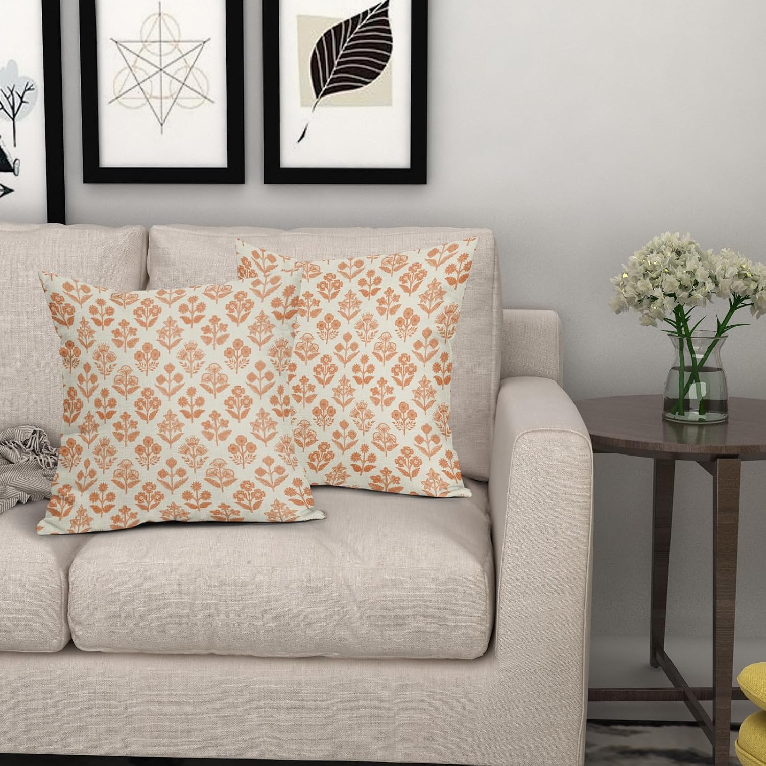 Orange Floral Pillow Covers 22x22 Inch Set of 2, Vintage Flower Block Print Pattern Decorative Throw Pillowcases Outdoor Farmhouse…