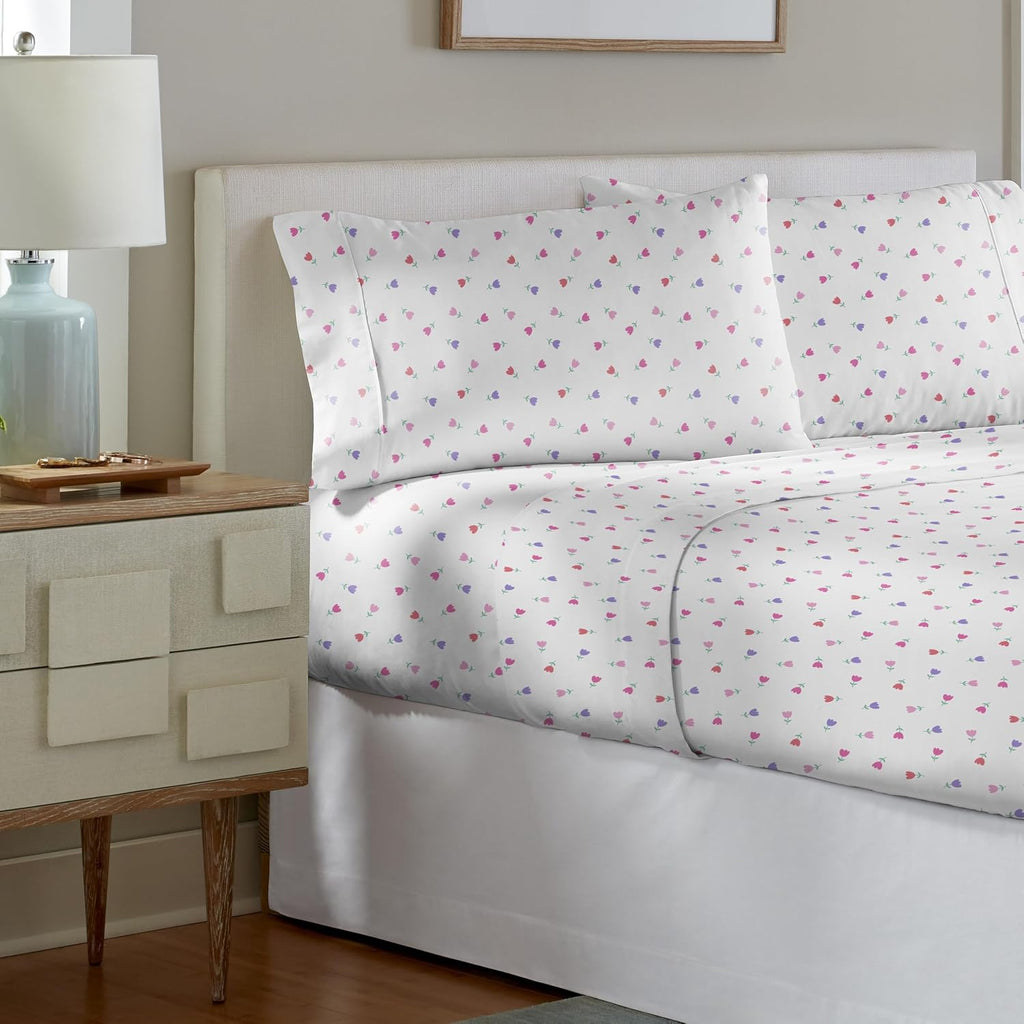 Pointehaven Petite Floral Printed Cotton Percale 4 pc Sheet Set, Queen