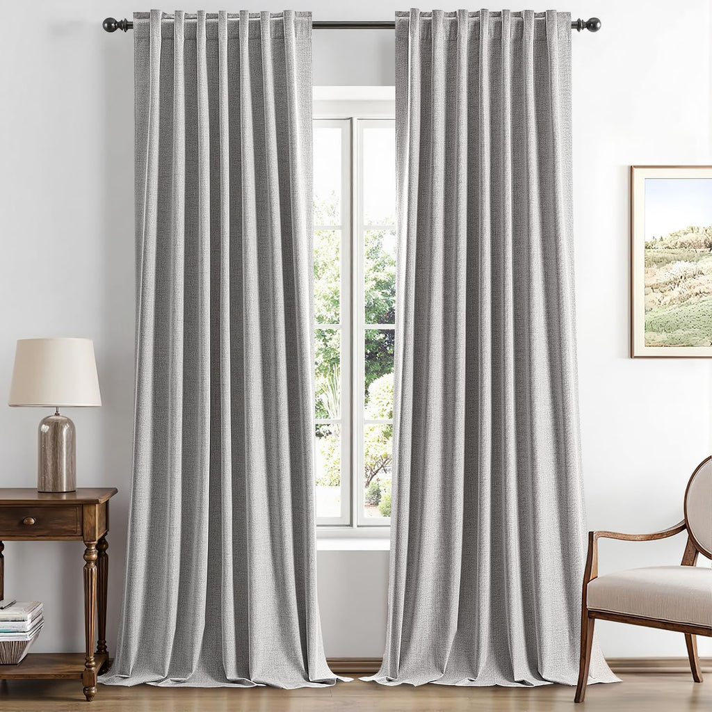 Miulee 100% Blackout Linen Curtains for Bedroom, Greyish White Solid Luxury Decor Thermal Insulation Room Darkening Drapes for Living Room…