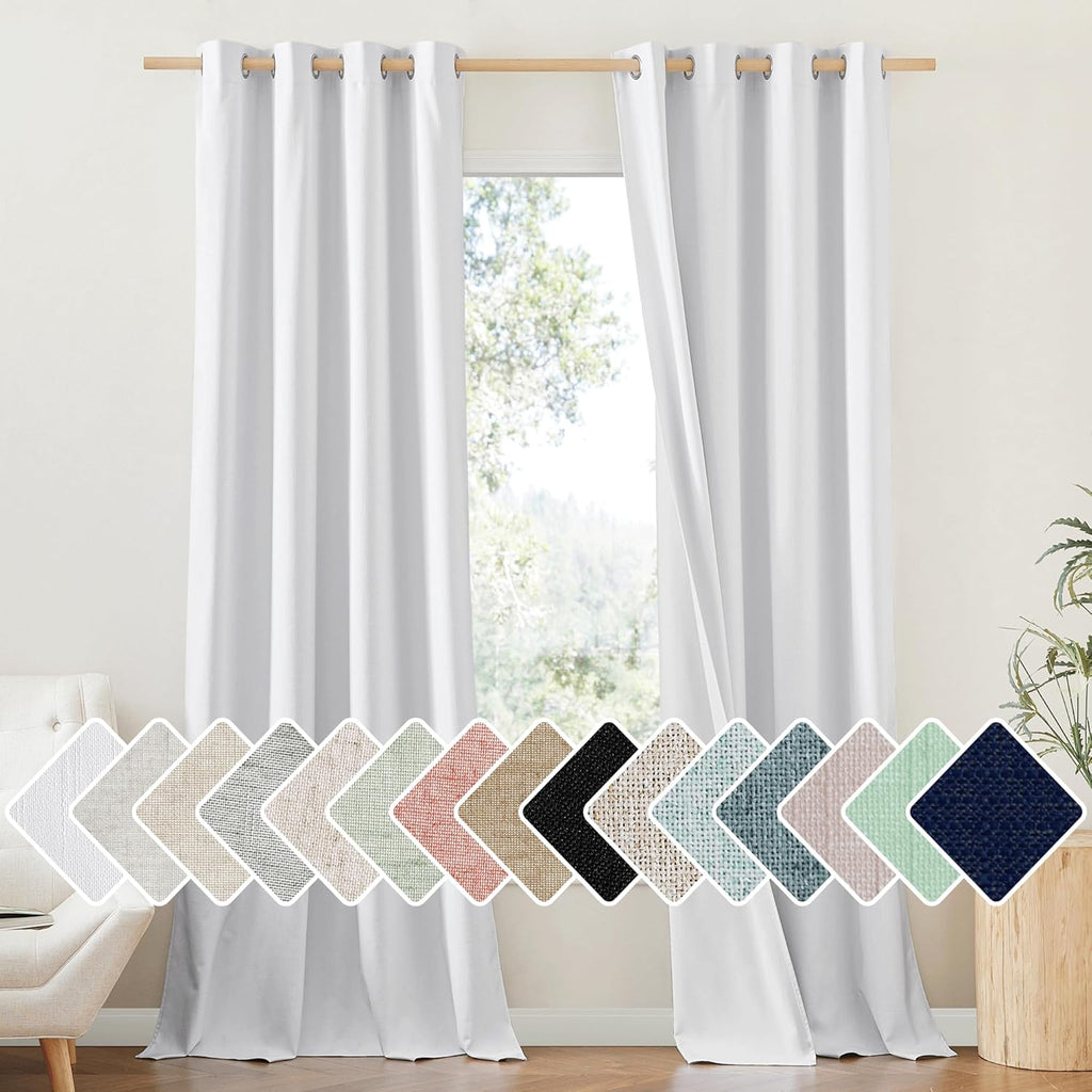 NICETOWN 100% Absolutely Blackout Linen Curtains with Thermal Insulated White Liner, White, 52" Wide, Long Curtains 95" Long 2 Panels Set…