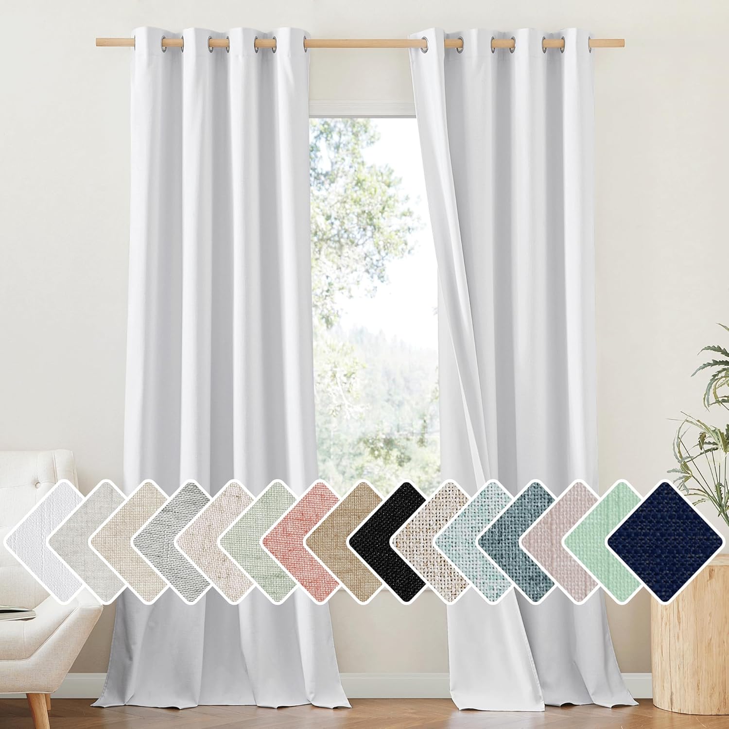 NICETOWN 100% Absolutely Blackout Linen Curtains with Thermal Insulated White Liner, White, 52" Wide, Long Curtains 95" Long 2 Panels Set…