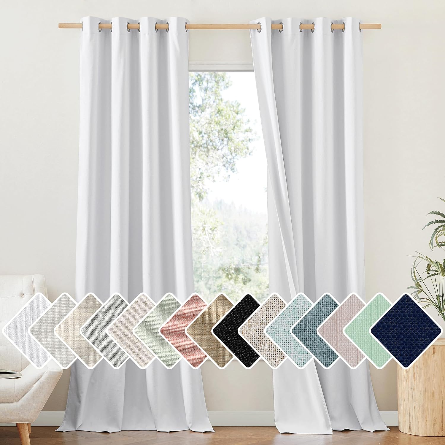 NICETOWN 100% Absolutely Blackout Linen Curtains with Thermal Insulated White Liner, White, 52 inches Wide, 120 inches Length Energy…
