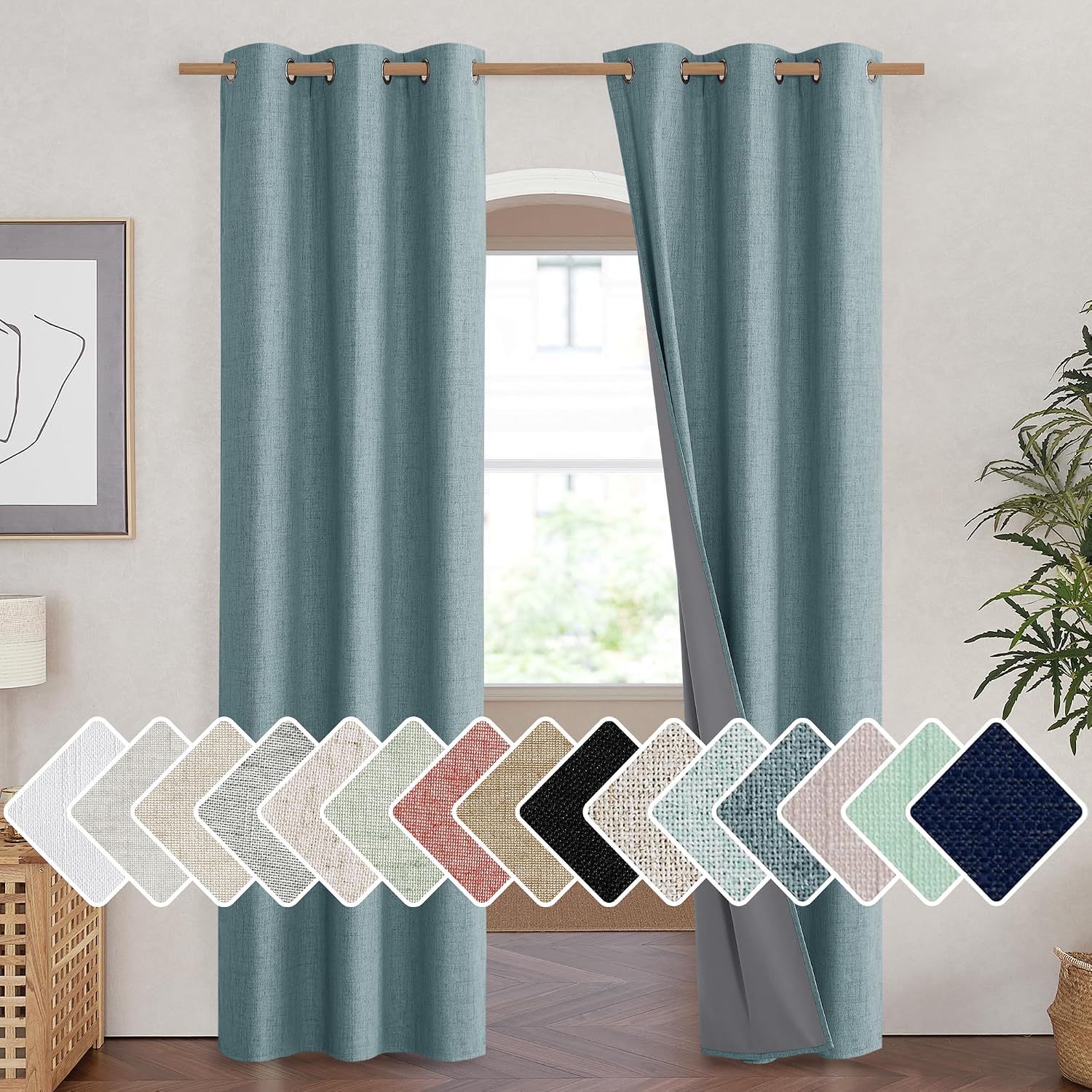 NICETOWN 100% Absolutely Blackout Linen Curtains with Thermal Insulated White Liner, Skylark Blue, 42 inches Wide, 84 inches Length…