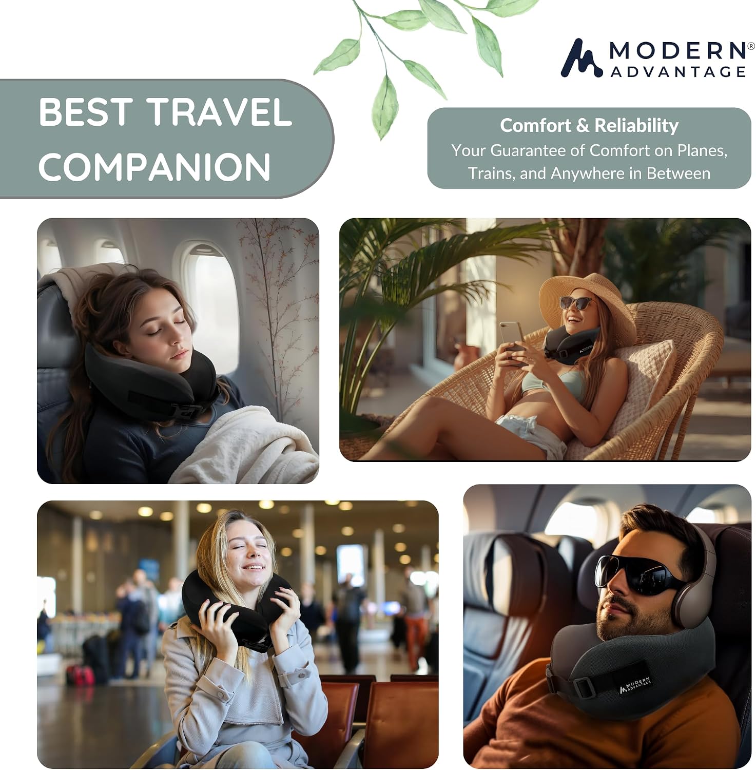 Modern Advantage Memory Foam Travel Neck Pillow for Airplanes – High Density Ergonomic Support, Adjustable Buckle Strap, Removable…