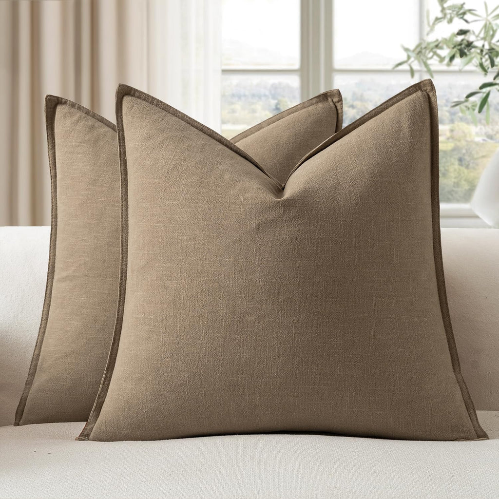 EMEMA Decorative Linen Throw Pillow Covers 20x20 Inch Curry Boho Farmhouse Neutral Couch Throw Pillows for Bed Pack of 2 Accent…